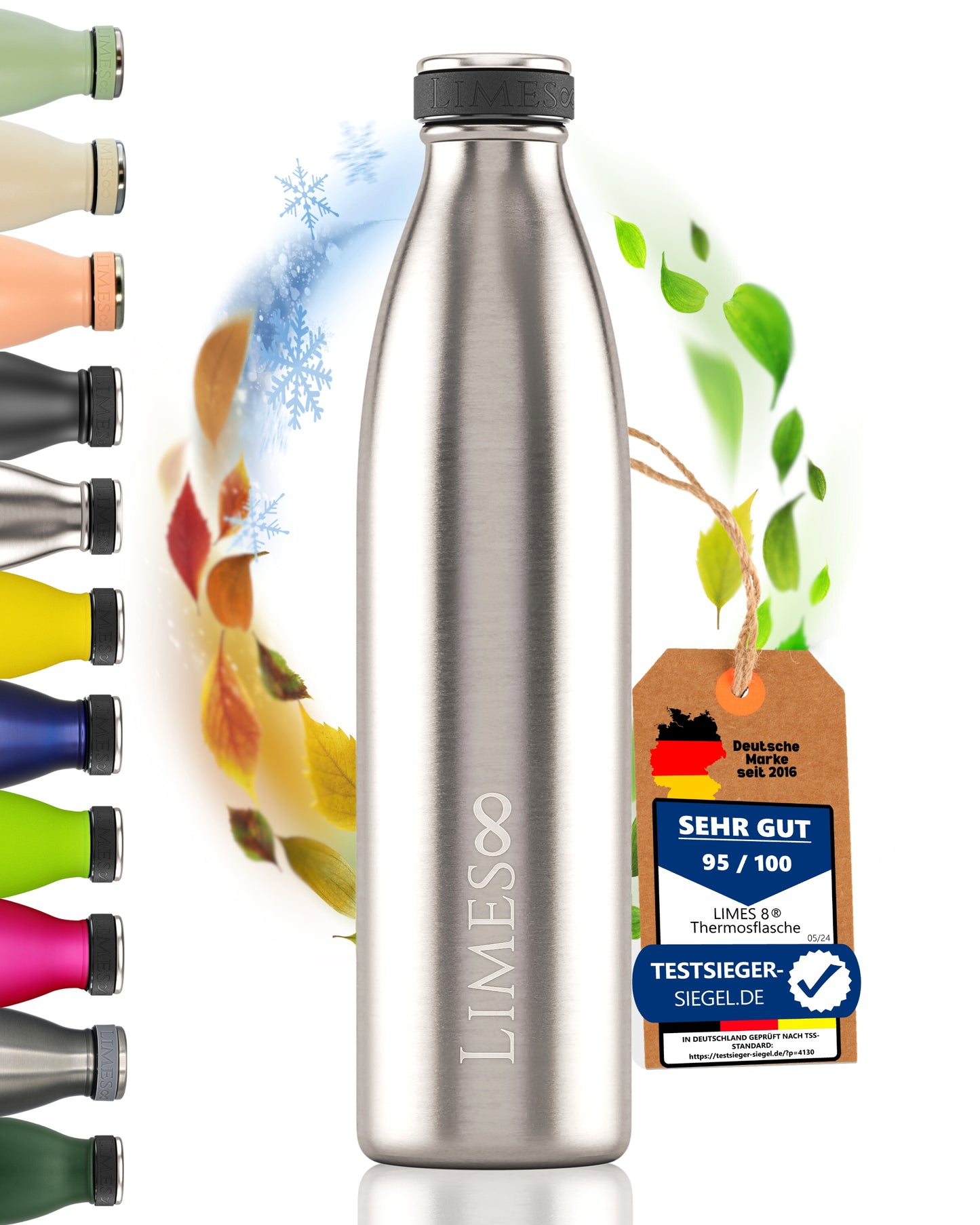 Limes 8 Thermosflasche, Prüfsiegel "Sehr Gut" im Vordergrund, Farbvarianten der Flaschen, buntes Laub im Hintergrund