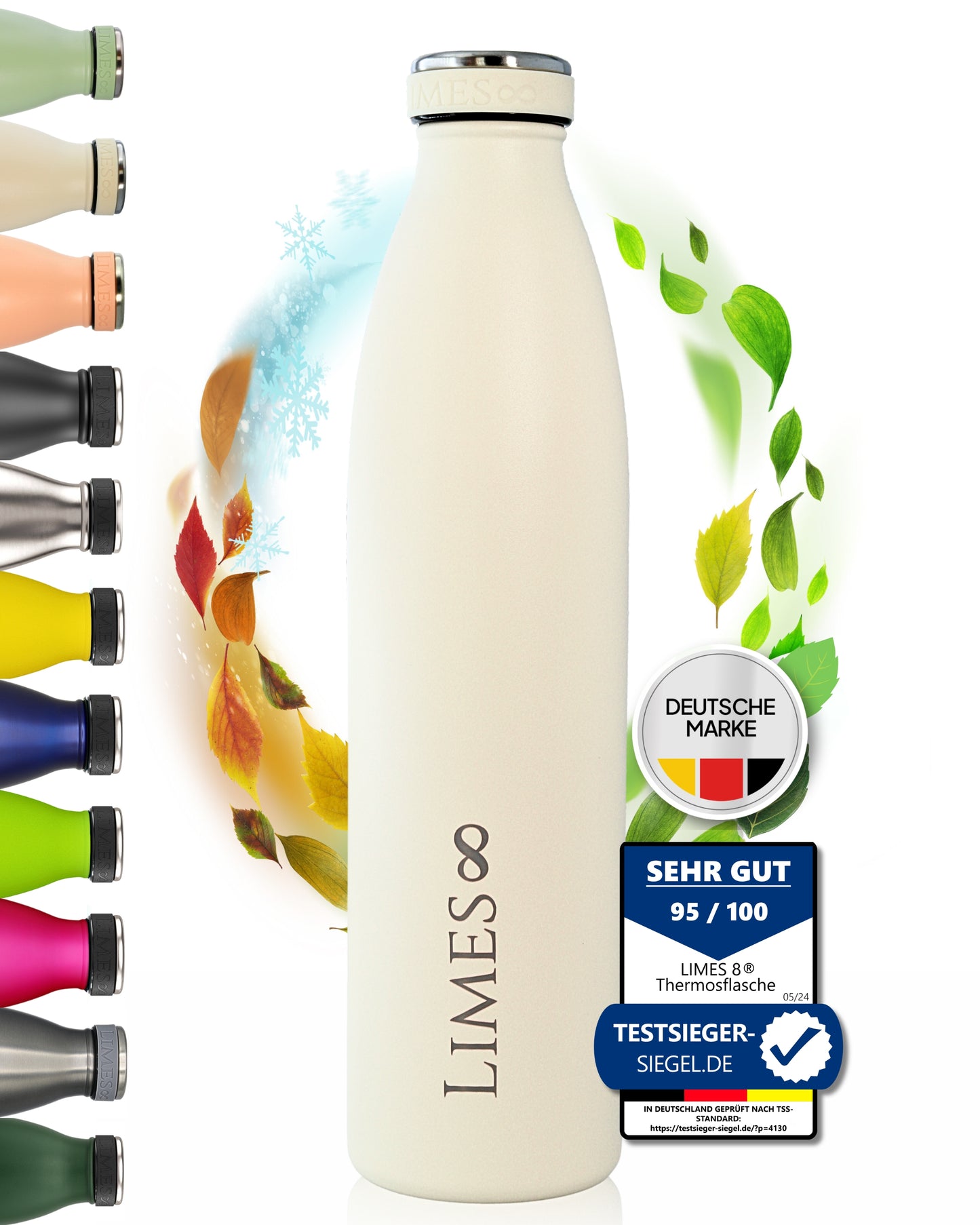 Limes 8 Thermosflasche, Prüfsiegel im Vordergrund, Farbvarianten der Flaschen, buntes Laub im Hintergrund