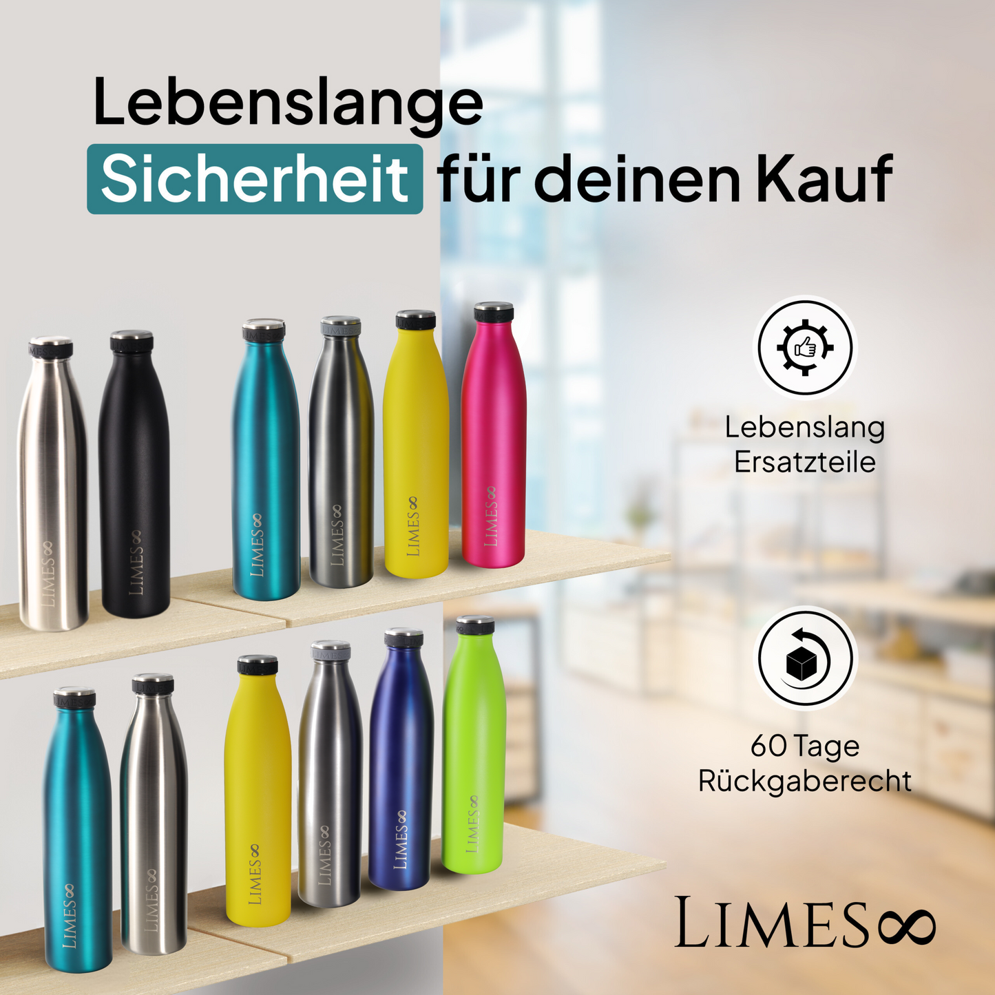 Verkaufsregal mit Farbvarianten der Limes 8 Thermosflaschen