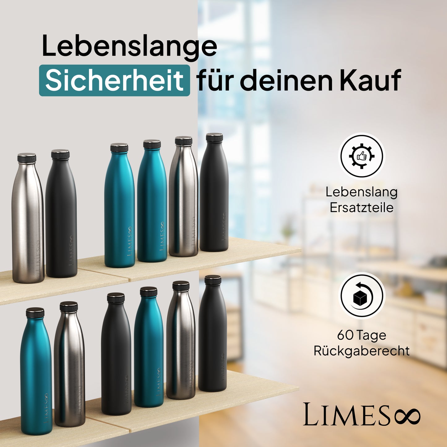 Verkaufsregal mit Farbvarianten der Limes 8 Thermosflaschen