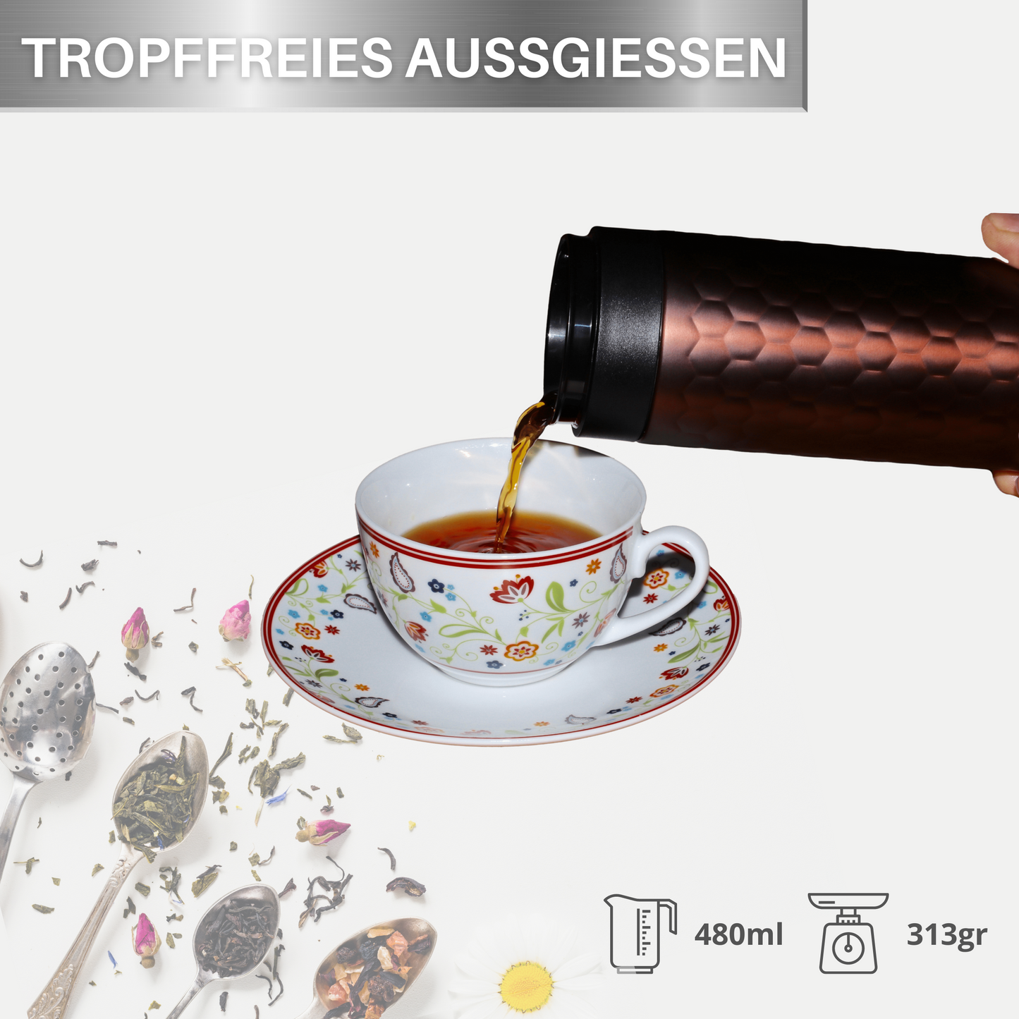 Limes 8® Teeflasche mit Sieb to go - 480ml - Edelstahl Teebecher – Thermosflasche, Isolierte Wasserflasche, auslaufsichere Isolierflasche doppelwandig (Kupfer-Rot)