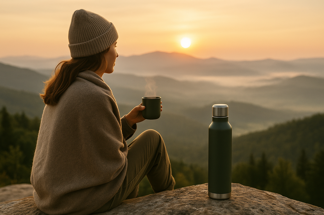 Frau sitzt auf einem Felsen, mit Blick in die Berge bei Sonnenaufgang. Sie hält einen Kaffeebecher in der Hand, Thermoskanne neben ihr.