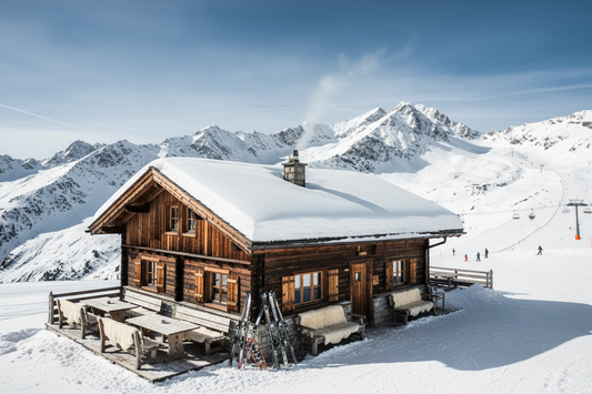 Blockhütte in den verschneiten Bergen, blauer Himmel, rauchender Kamin