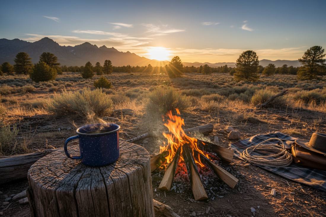 Sonnenuntergang hinter den Bergen einer Steppe, Lagerfeuer mit dampfendem Kaffee im Metallbecher