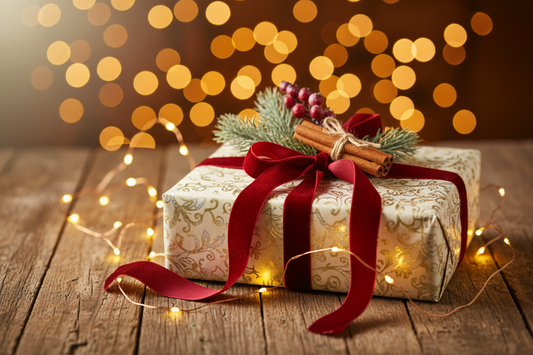 elegant verpacktes Geschenk mit roter Schleife und Tannengrün, Weihnachtsstimmung