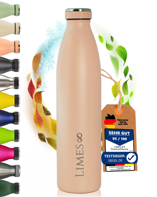 Limes 8® Thermosflasche 1L "FourSeasons" [HEIß & KALT] Trinkflasche Edelstahl 1L - Auslaufsichere Trinkflasche 1L Kohlensäure geeignet - Isolierkanne - Thermo Trinkflasche für alle 4 Jahreszeiten Nude