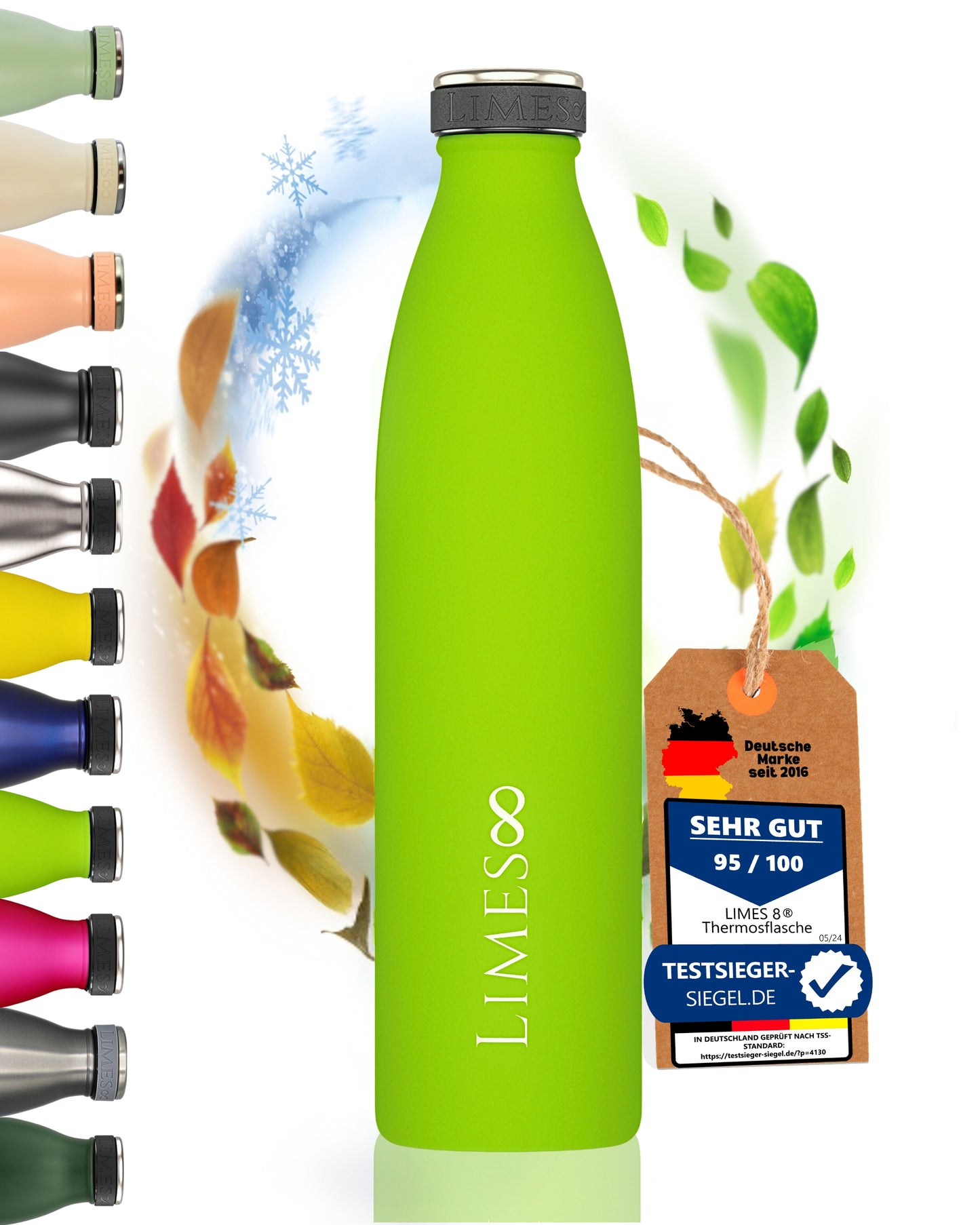 Limes 8® Thermosflasche 750ml "FourSeasons" [HEIß & KALT] Trinkflasche Edelstahl 1L - Auslaufsichere Trinkflasche 1L Kohlensäure geeignet - Isolierkanne - Thermo Trinkflasche für alle 4 Jahreszeiten Limes Green