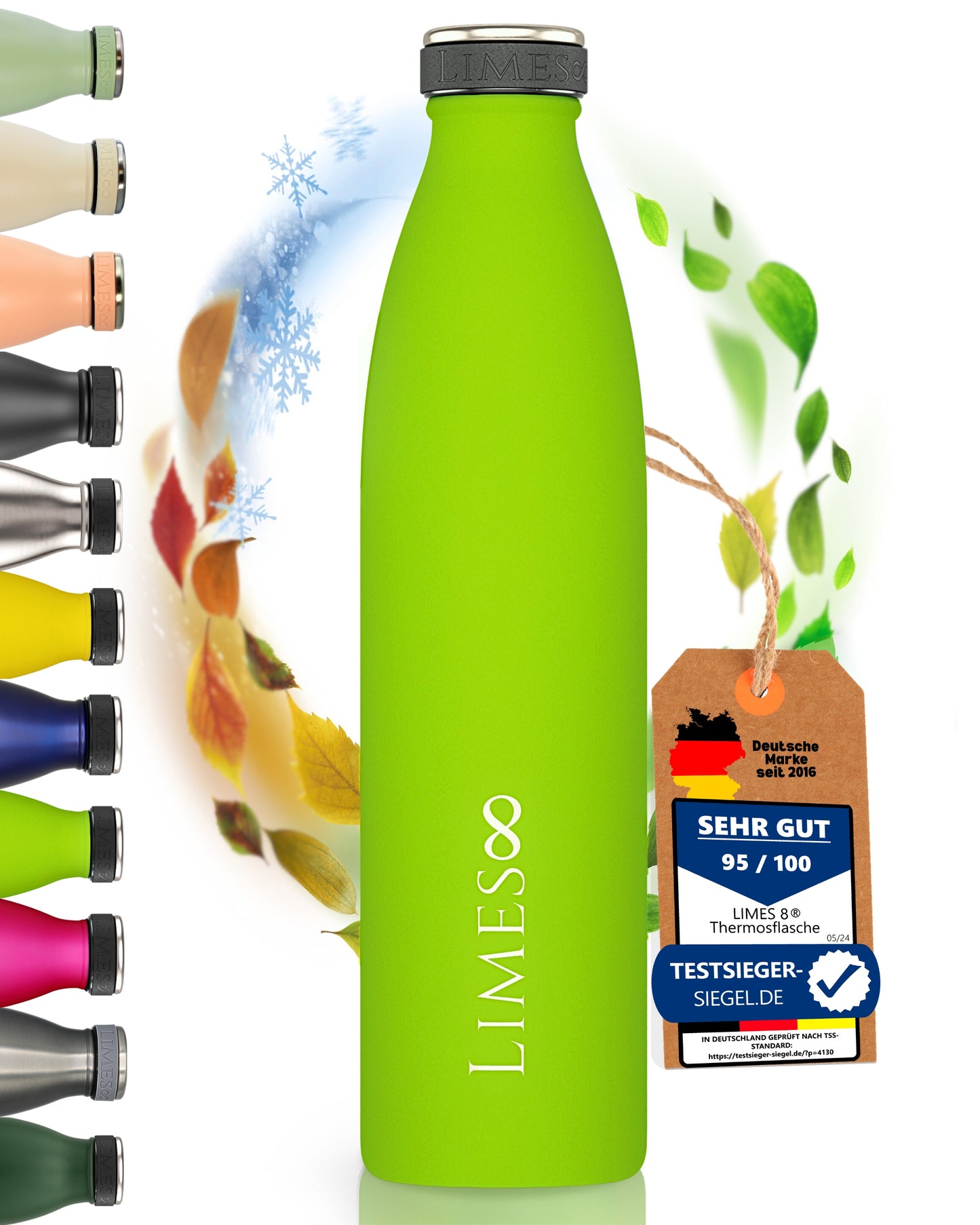 Limes 8® Thermosflasche 750ml "FourSeasons" [HEIß & KALT] Trinkflasche Edelstahl 1L - Auslaufsichere Trinkflasche 1L Kohlensäure geeignet - Isolierkanne - Thermo Trinkflasche für alle 4 Jahreszeiten Limes Green