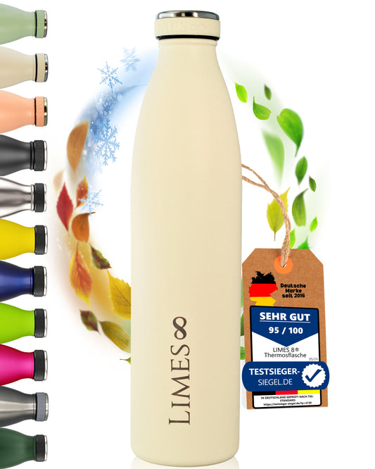 Limes 8® Thermosflasche 1L "FourSeasons" [HEIß & KALT] Trinkflasche Edelstahl 1L - Auslaufsichere Trinkflasche 1L Kohlensäure geeignet - Isolierkanne - Thermo Trinkflasche für alle 4 Jahreszeiten Cream