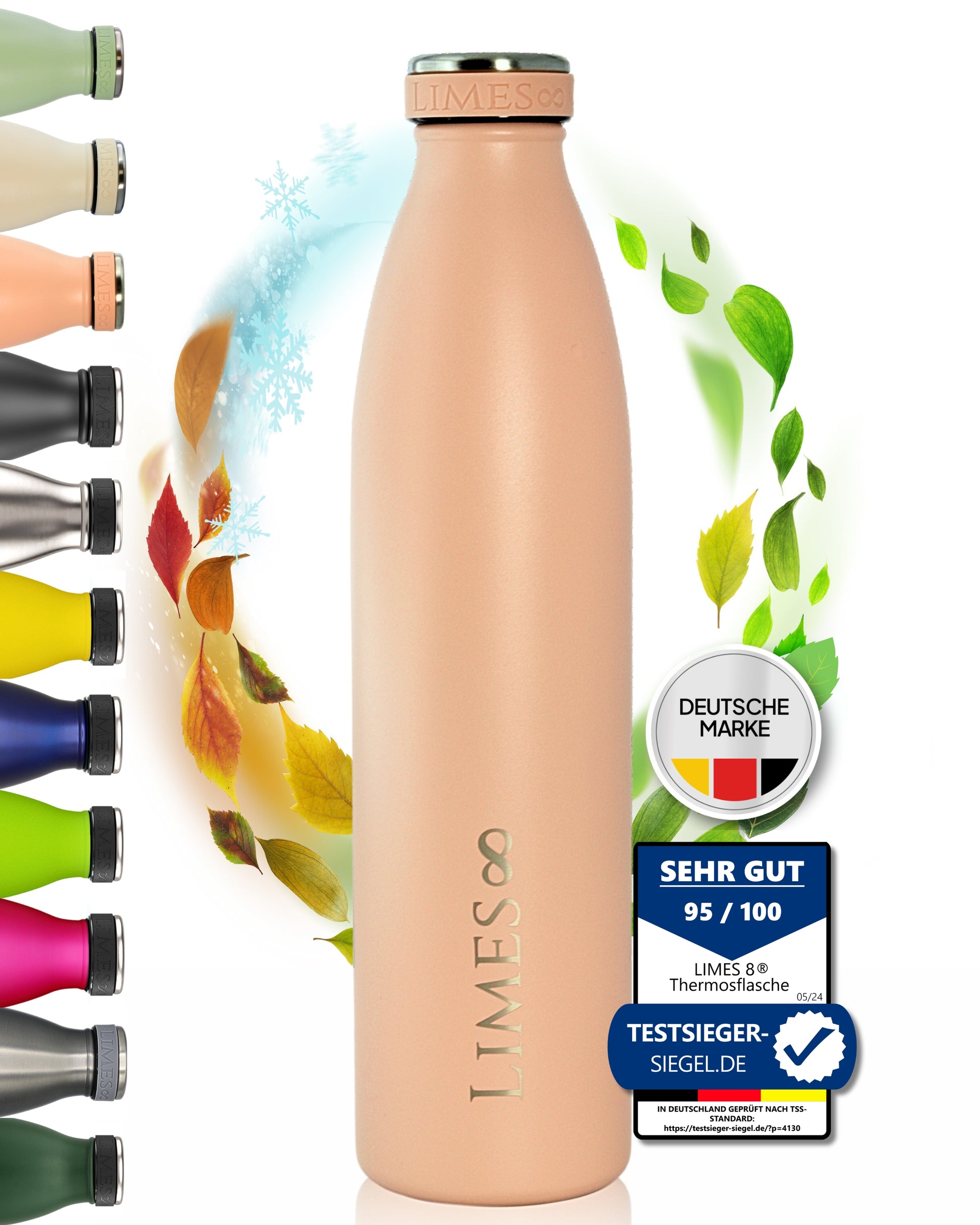 Limes 8 Thermosflasche, Prüfsiegel im Vordergrund, Farbvarianten der Flaschen, buntes Laub im Hintergrund