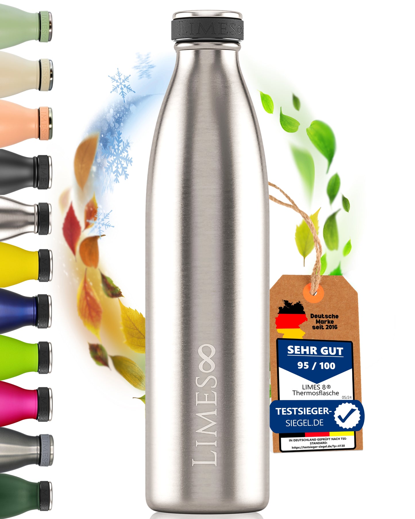 Limes 8® Thermosflasche 1L "FourSeasons" [HEIß & KALT] Trinkflasche Edelstahl 1L - Auslaufsichere Trinkflasche 1L Kohlensäure geeignet - Isolierkanne - Thermo Trinkflasche für alle 4 Jahreszeiten Stainless