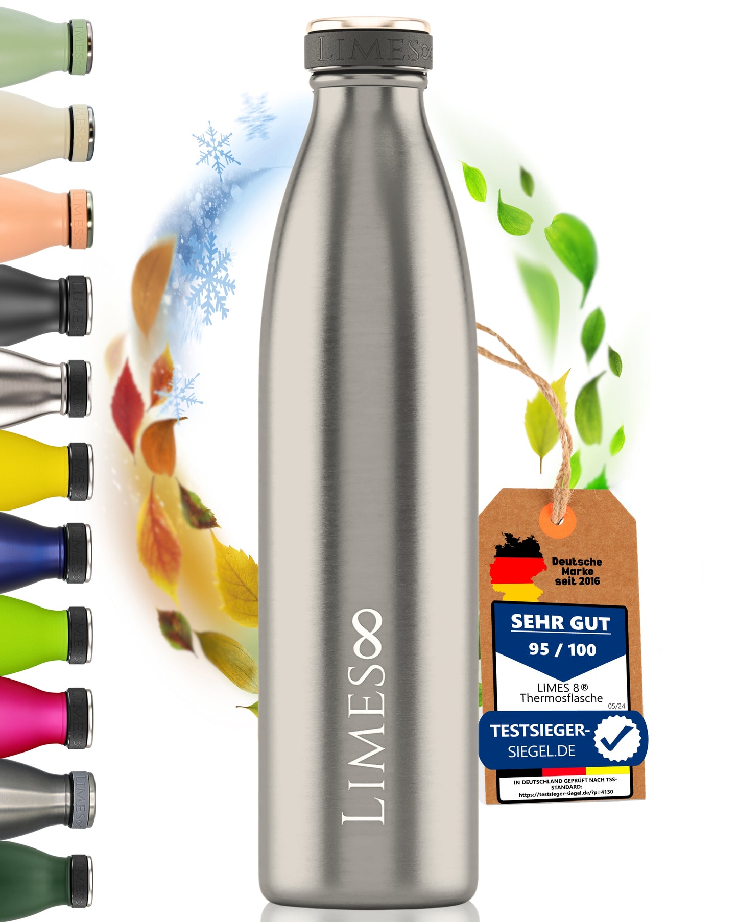 Limes 8® Thermosflasche 1L "FourSeasons" [HEIß & KALT] Trinkflasche Edelstahl 1L - Auslaufsichere Trinkflasche 1L Kohlensäure geeignet - Isolierkanne - Thermo Trinkflasche für alle 4 Jahreszeiten Cool Gray