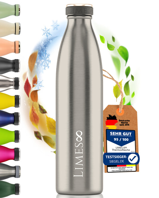 Limes 8® Thermosflasche 1L "FourSeasons" [HEIß & KALT] Trinkflasche Edelstahl 1L - Auslaufsichere Trinkflasche 1L Kohlensäure geeignet - Isolierkanne - Thermo Trinkflasche für alle 4 Jahreszeiten Cool Gray