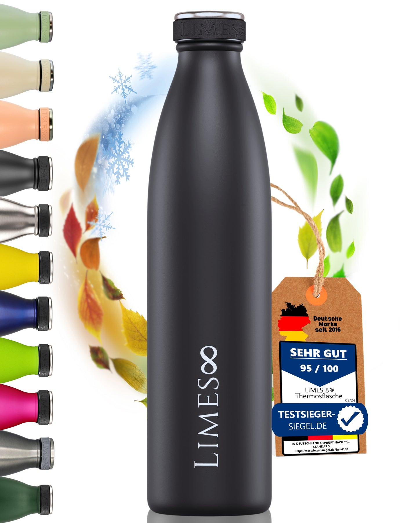 Limes 8® Thermosflasche 1L "FourSeasons" [HEIß & KALT] Trinkflasche Edelstahl 1L - Auslaufsichere Trinkflasche 1L Kohlensäure geeignet - Isolierkanne - Thermo Trinkflasche für alle 4 Jahreszeiten Black