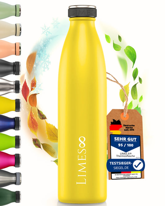 Limes 8® Thermosflasche 1L "FourSeasons" [HEIß & KALT] Trinkflasche Edelstahl 1L - Auslaufsichere Trinkflasche 1L Kohlensäure geeignet - Isolierkanne - Thermo Trinkflasche für alle 4 Jahreszeiten Summer Yellow