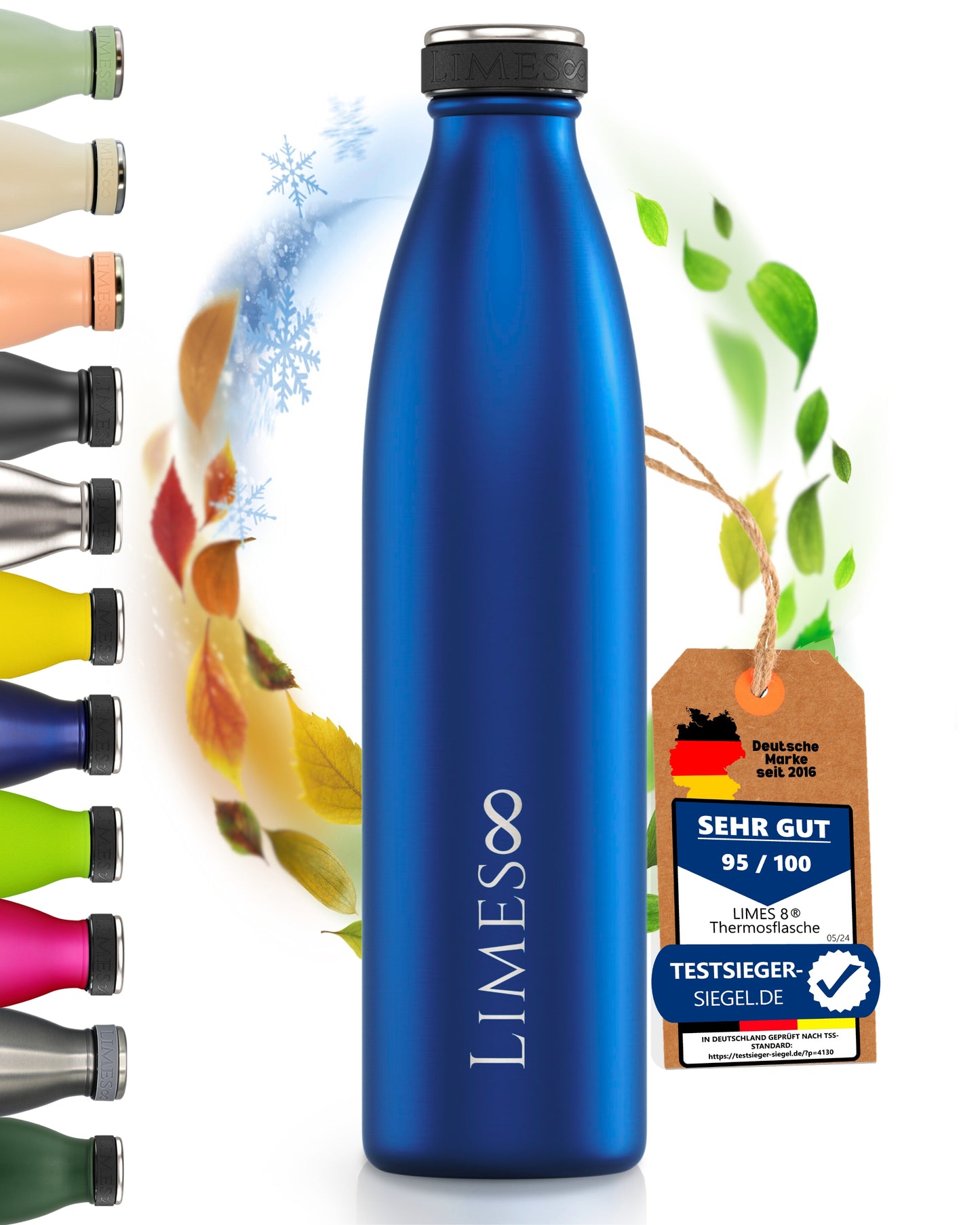 Limes 8® Thermosflasche 1L "FourSeasons" [HEIß & KALT] Trinkflasche Edelstahl 1L - Auslaufsichere Trinkflasche 1L Kohlensäure geeignet - Isolierkanne - Thermo Trinkflasche für alle 4 Jahreszeiten Blue