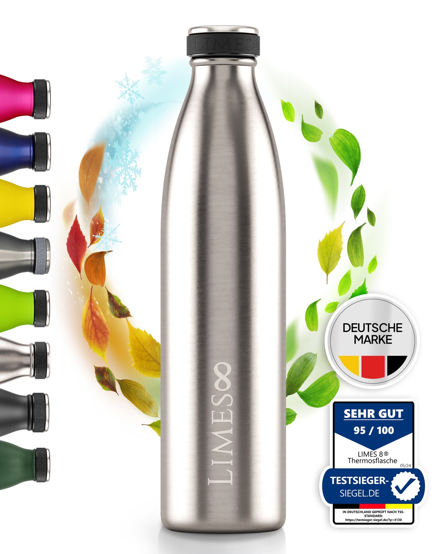 Limes 8® Thermosflasche 1L "FourSeasons" [HEIß & KALT] Trinkflasche Edelstahl 1L - Auslaufsichere Trinkflasche 1L Kohlensäure geeignet - Isolierkanne - Thermo Trinkflasche für alle 4 Jahreszeiten Stainless