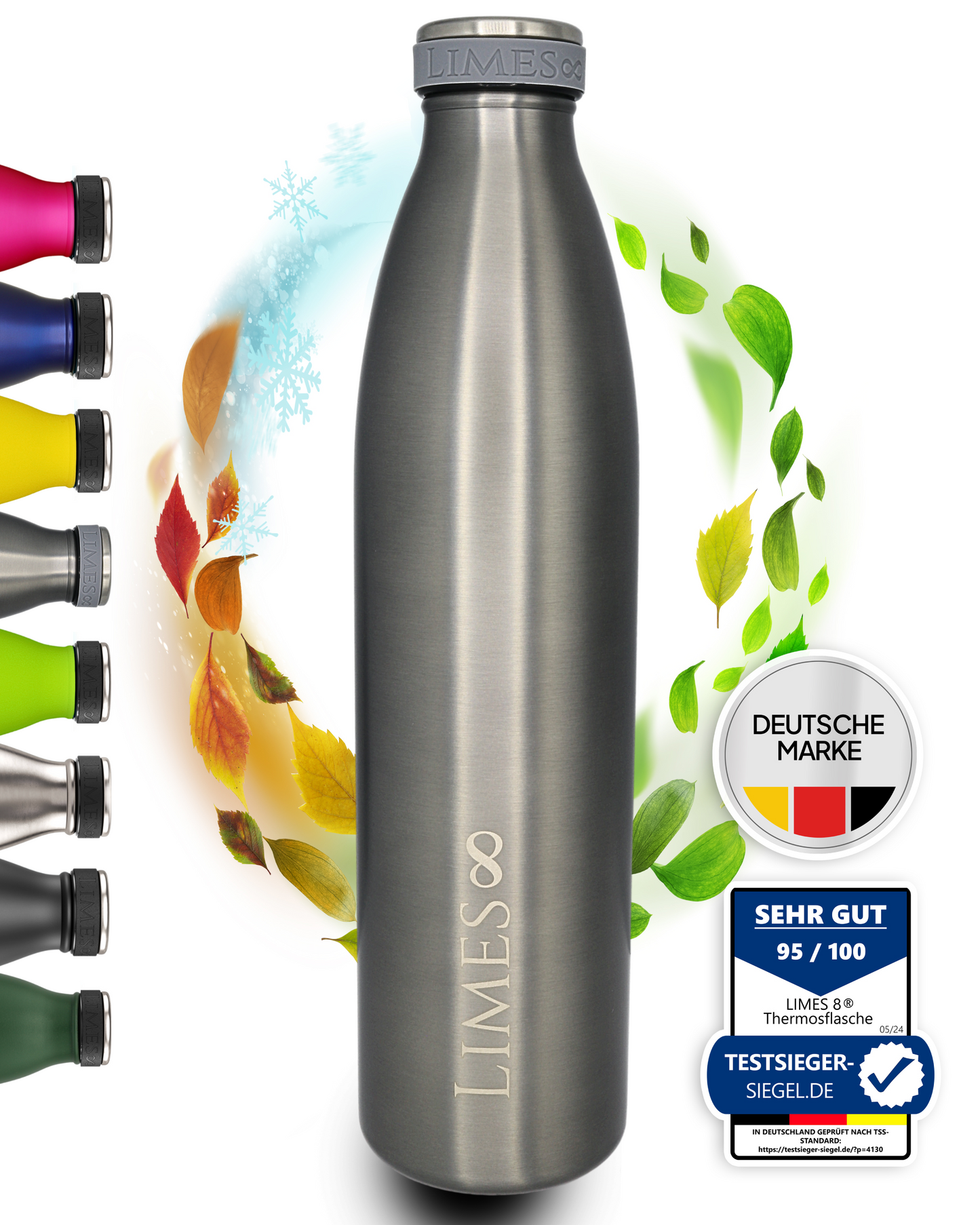 Limes 8® Thermosflasche 1L "FourSeasons" [HEIß & KALT] Trinkflasche Edelstahl 1L - Auslaufsichere Trinkflasche 1L Kohlensäure geeignet - Isolierkanne - Thermo Trinkflasche für alle 4 Jahreszeiten Cool Gray
