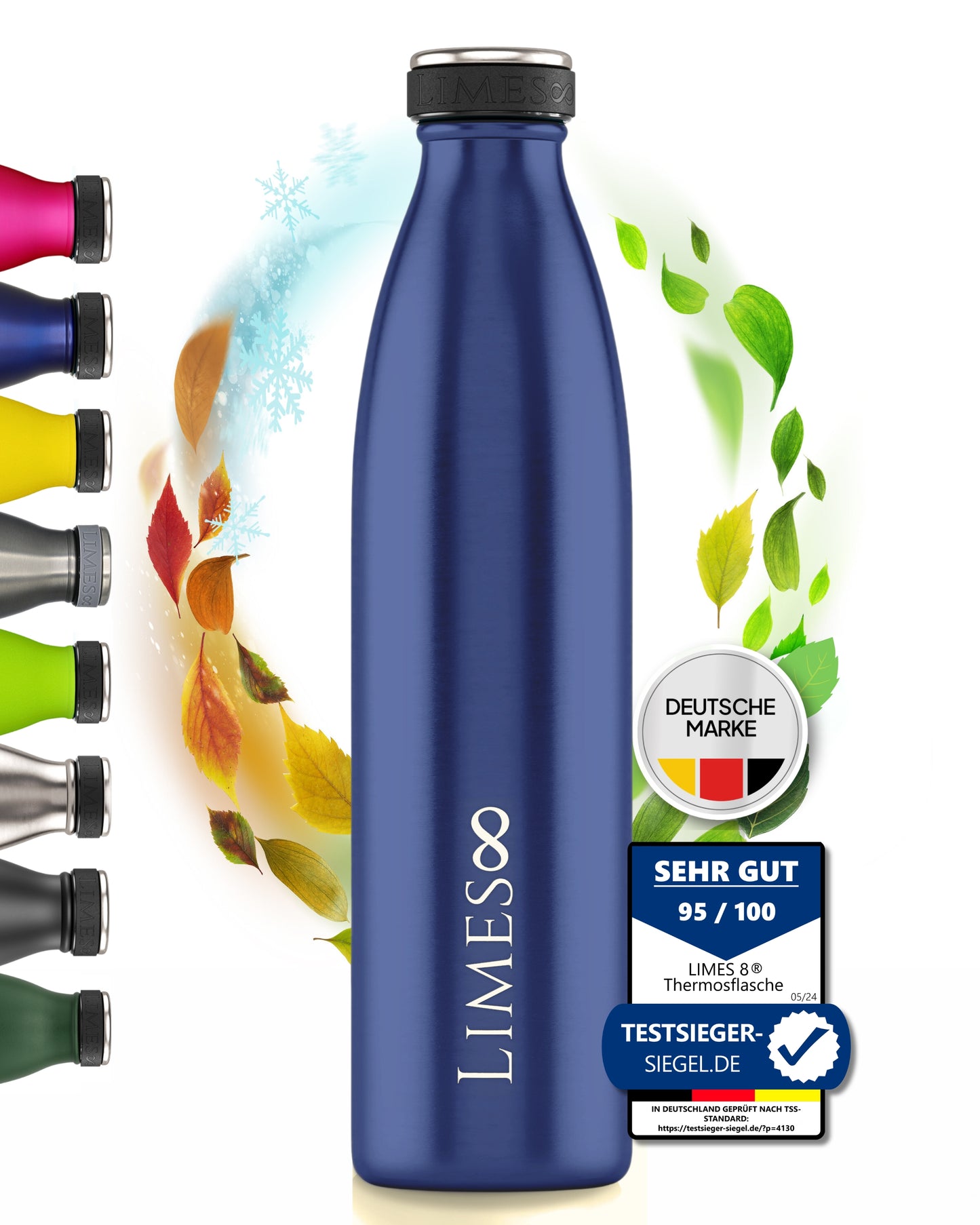 Limes 8® Thermosflasche 1L "FourSeasons" [HEIß & KALT] Trinkflasche Edelstahl 1L - Auslaufsichere Trinkflasche 1L Kohlensäure geeignet - Isolierkanne - Thermo Trinkflasche für alle 4 Jahreszeiten Blue