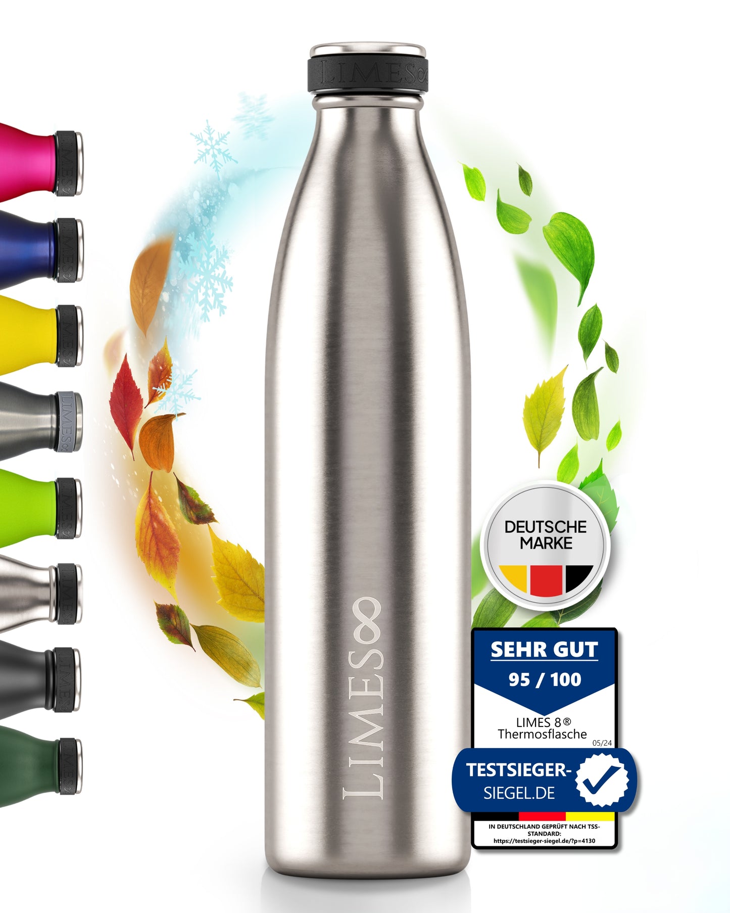 Limes 8® Thermosflasche 1L "FourSeasons" [HEIß & KALT] Trinkflasche Edelstahl 1L - Auslaufsichere Trinkflasche 1L Kohlensäure geeignet - Isolierkanne - Thermo Trinkflasche für alle 4 Jahreszeiten Stainless