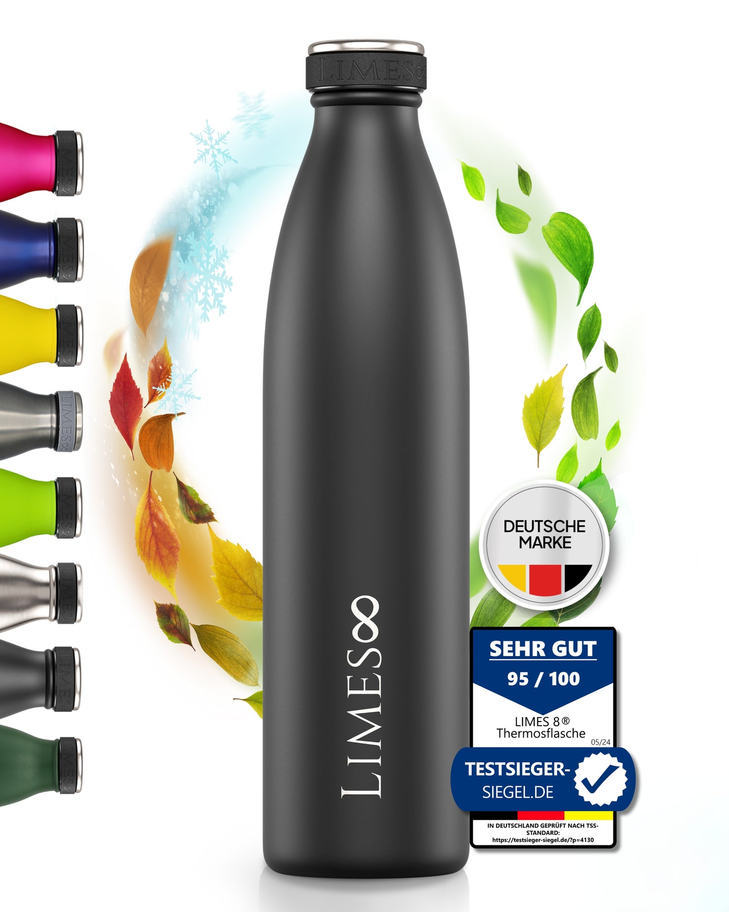 Limes 8® Thermosflasche 1L "FourSeasons" [HEIß & KALT] Trinkflasche Edelstahl 1L - Auslaufsichere Trinkflasche 1L Kohlensäure geeignet - Isolierkanne - Thermo Trinkflasche für alle 4 Jahreszeiten Black