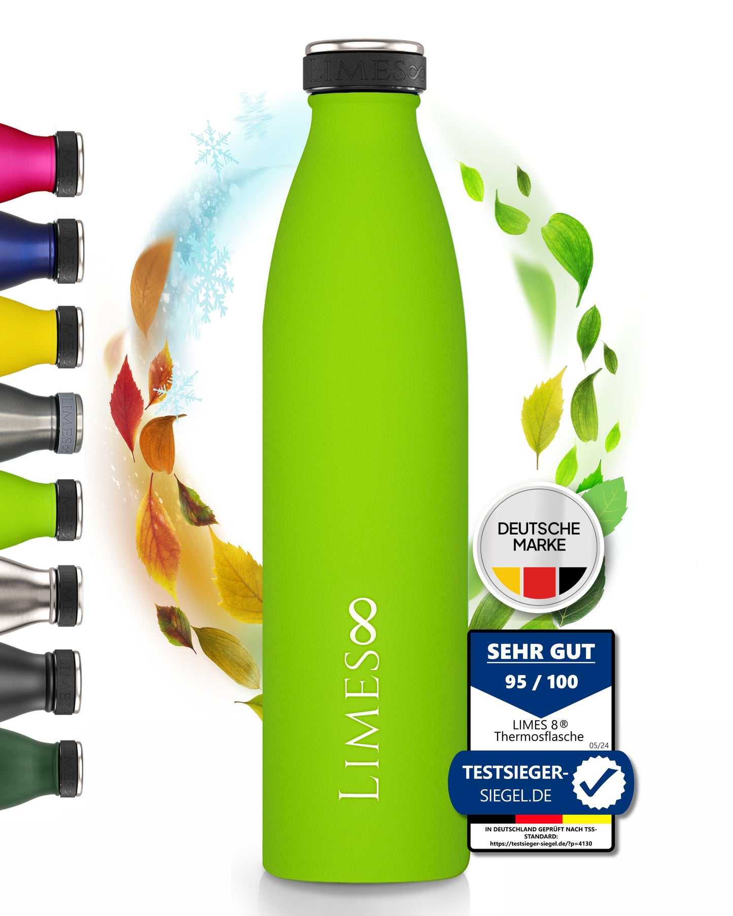 Limes 8® Thermosflasche 1L "FourSeasons" [HEIß & KALT] Trinkflasche Edelstahl 1L - Auslaufsichere Trinkflasche 1L Kohlensäure geeignet - Isolierkanne - Thermo Trinkflasche für alle 4 Jahreszeiten Limes Green