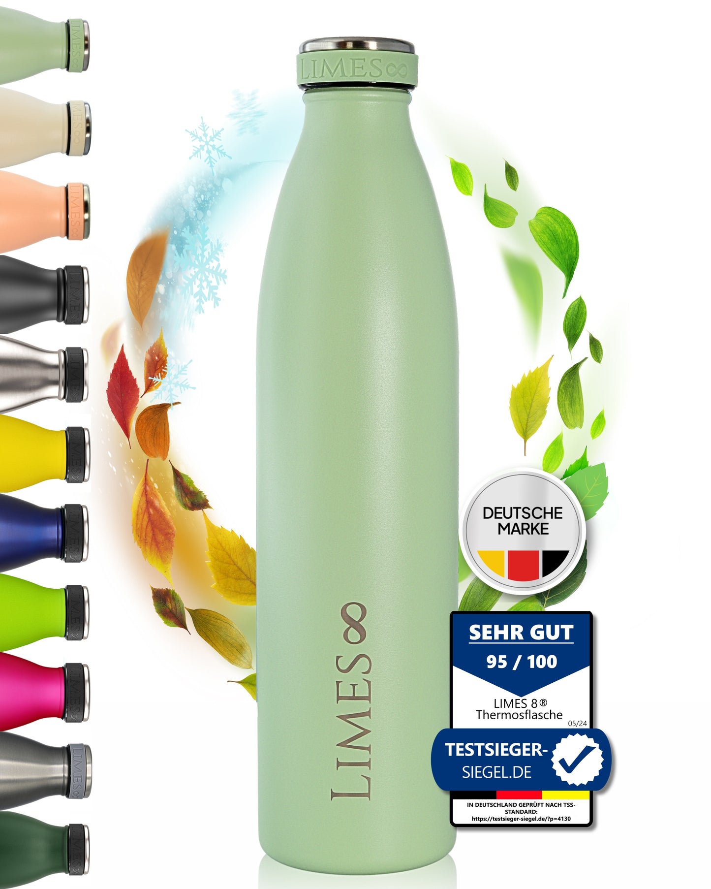 Limes 8® Thermosflasche 1L "FourSeasons" [HEIß & KALT] Trinkflasche Edelstahl 1L - Auslaufsichere Trinkflasche 1L Kohlensäure geeignet - Isolierkanne - Thermo Trinkflasche für alle 4 Jahreszeiten Sage