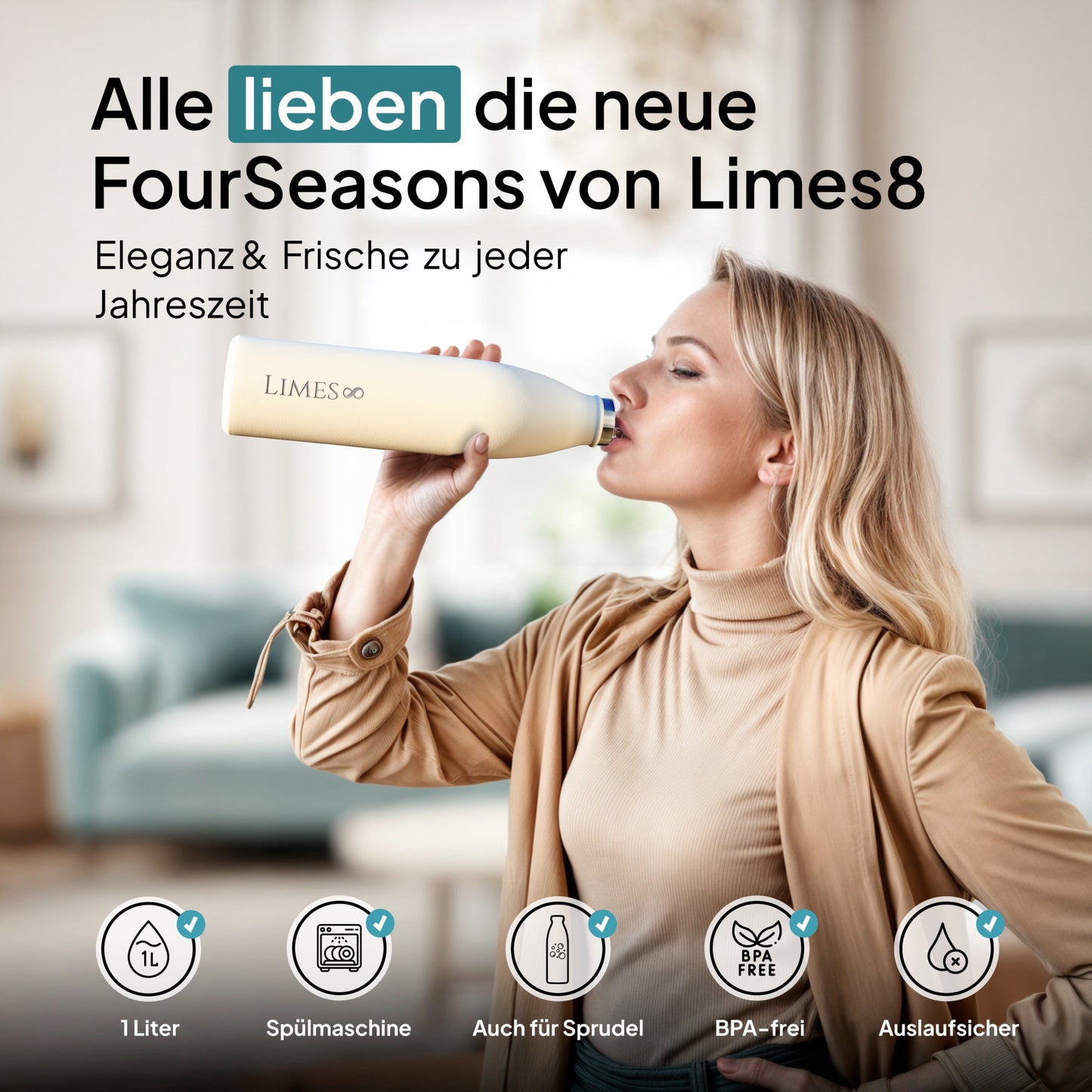 Limes 8® Thermosflasche 1L "FourSeasons" [HEIß & KALT] Trinkflasche Edelstahl 1L - Auslaufsichere Trinkflasche 1L Kohlensäure geeignet - Isolierkanne - Thermo Trinkflasche für alle 4 Jahreszeiten Cream