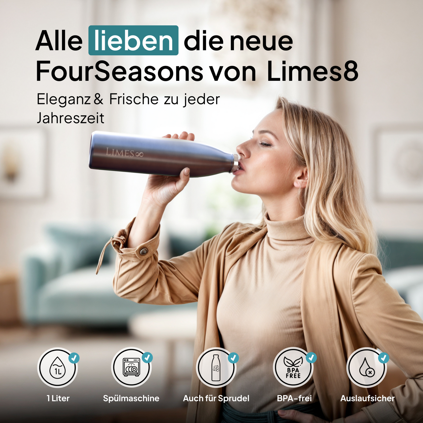 Limes 8® Thermosflasche 1L "FourSeasons" [HEIß & KALT] Trinkflasche Edelstahl 1L - Auslaufsichere Trinkflasche 1L Kohlensäure geeignet - Isolierkanne - Thermo Trinkflasche für alle 4 Jahreszeiten Cool Gray