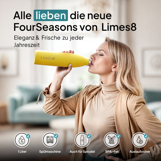Limes 8® Thermosflasche 1L "FourSeasons" [HEIß & KALT] Trinkflasche Edelstahl 1L - Auslaufsichere Trinkflasche 1L Kohlensäure geeignet - Isolierkanne - Thermo Trinkflasche für alle 4 Jahreszeiten Summer Yellow