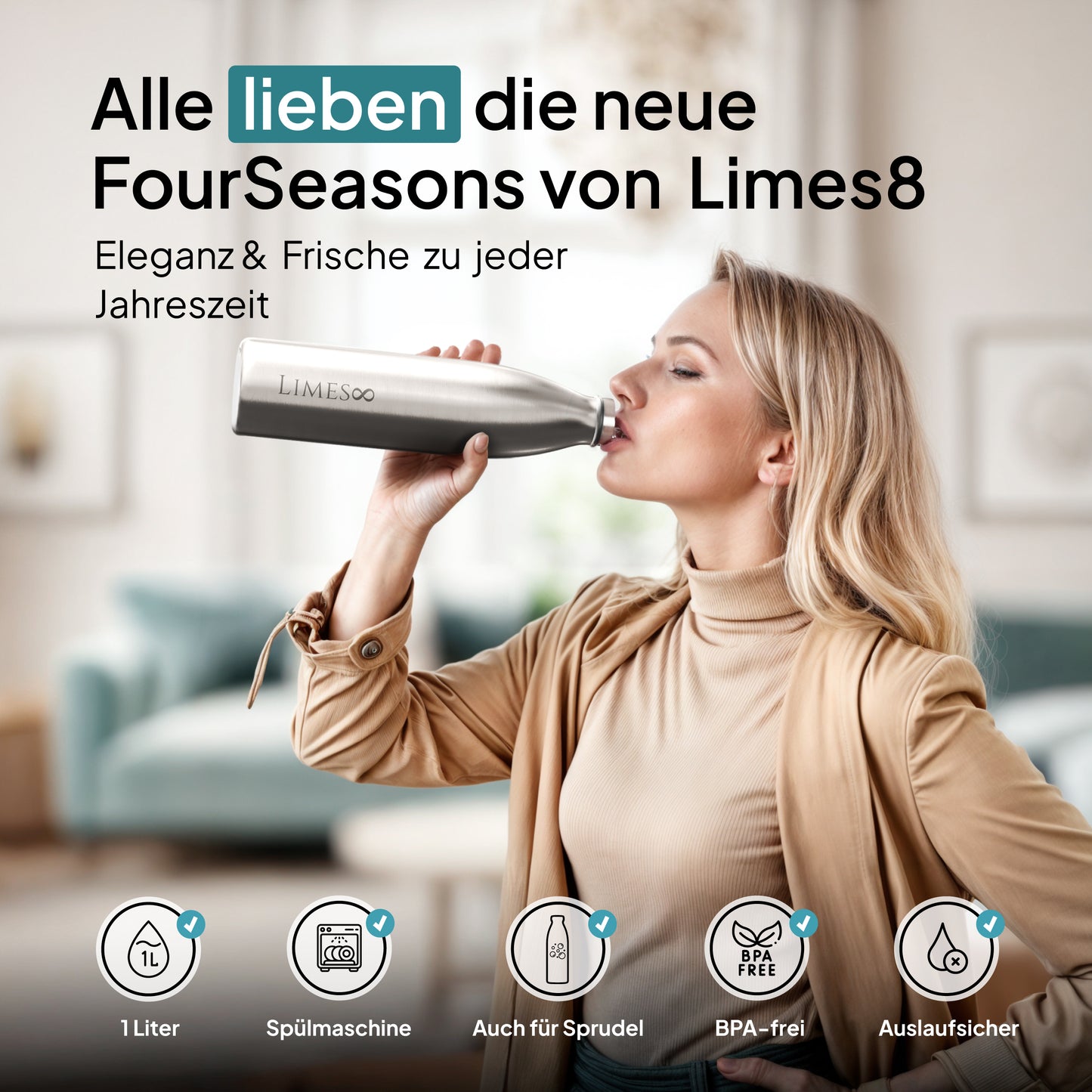 Limes 8® Thermosflasche 1L "FourSeasons" [HEIß & KALT] Trinkflasche Edelstahl 1L - Auslaufsichere Trinkflasche 1L Kohlensäure geeignet - Isolierkanne - Thermo Trinkflasche für alle 4 Jahreszeiten Stainless