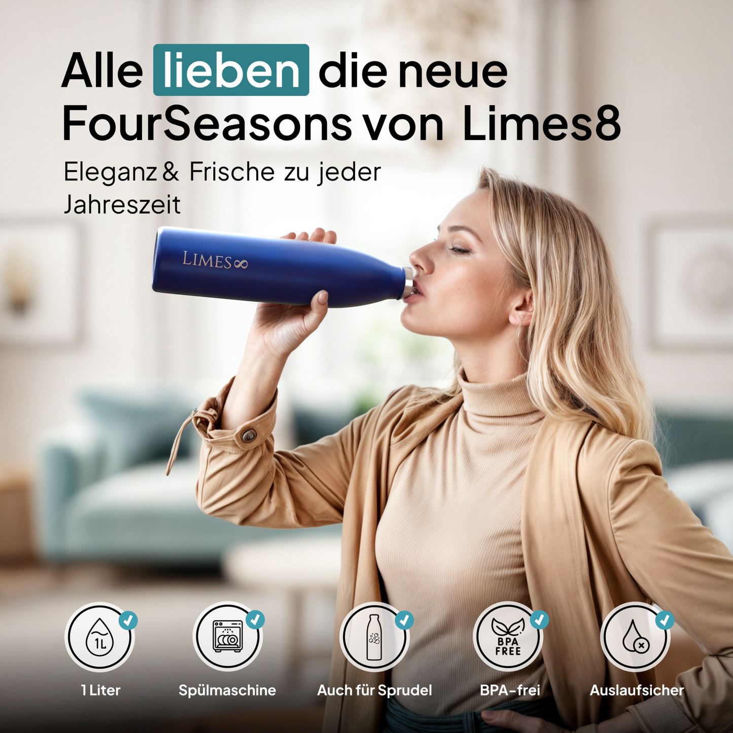 Limes 8® Thermosflasche 1L "FourSeasons" [HEIß & KALT] Trinkflasche Edelstahl 1L - Auslaufsichere Trinkflasche 1L Kohlensäure geeignet - Isolierkanne - Thermo Trinkflasche für alle 4 Jahreszeiten Blue