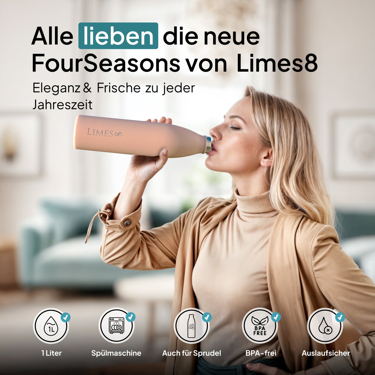 Limes 8® Thermosflasche 1L "FourSeasons" [HEIß & KALT] Trinkflasche Edelstahl 1L - Auslaufsichere Trinkflasche 1L Kohlensäure geeignet - Isolierkanne - Thermo Trinkflasche für alle 4 Jahreszeiten Nude