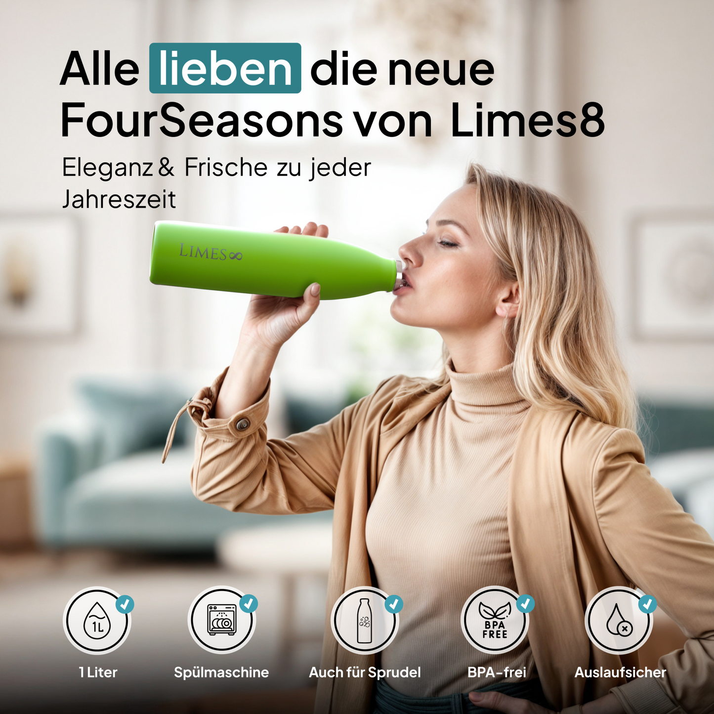 Limes 8® Thermosflasche 1L "FourSeasons" [HEIß & KALT] Trinkflasche Edelstahl 1L - Auslaufsichere Trinkflasche 1L Kohlensäure geeignet - Isolierkanne - Thermo Trinkflasche für alle 4 Jahreszeiten Limes Green