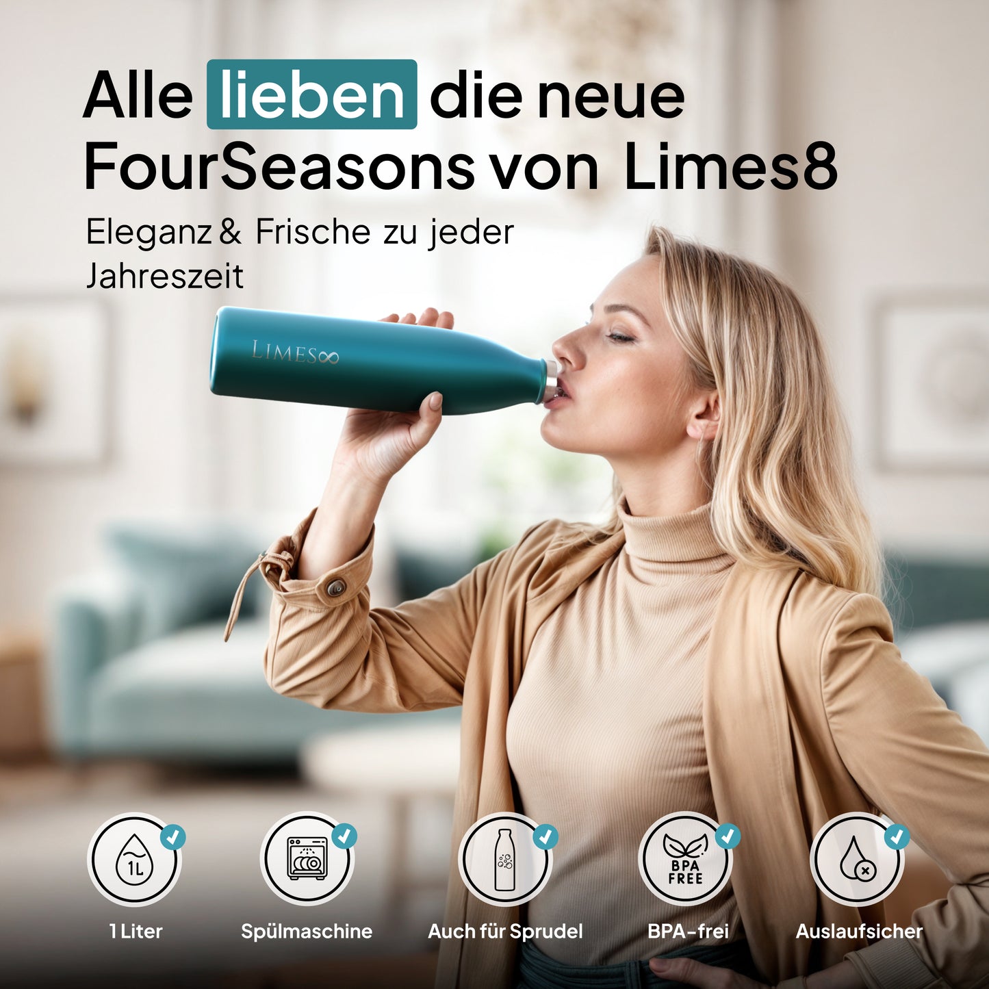 Limes 8® Thermosflasche 1L "FourSeasons" [HEIß & KALT] Trinkflasche Edelstahl 1L - Auslaufsichere Trinkflasche 1L Kohlensäure geeignet - Isolierkanne - Thermo Trinkflasche für alle 4 Jahreszeiten Peridot