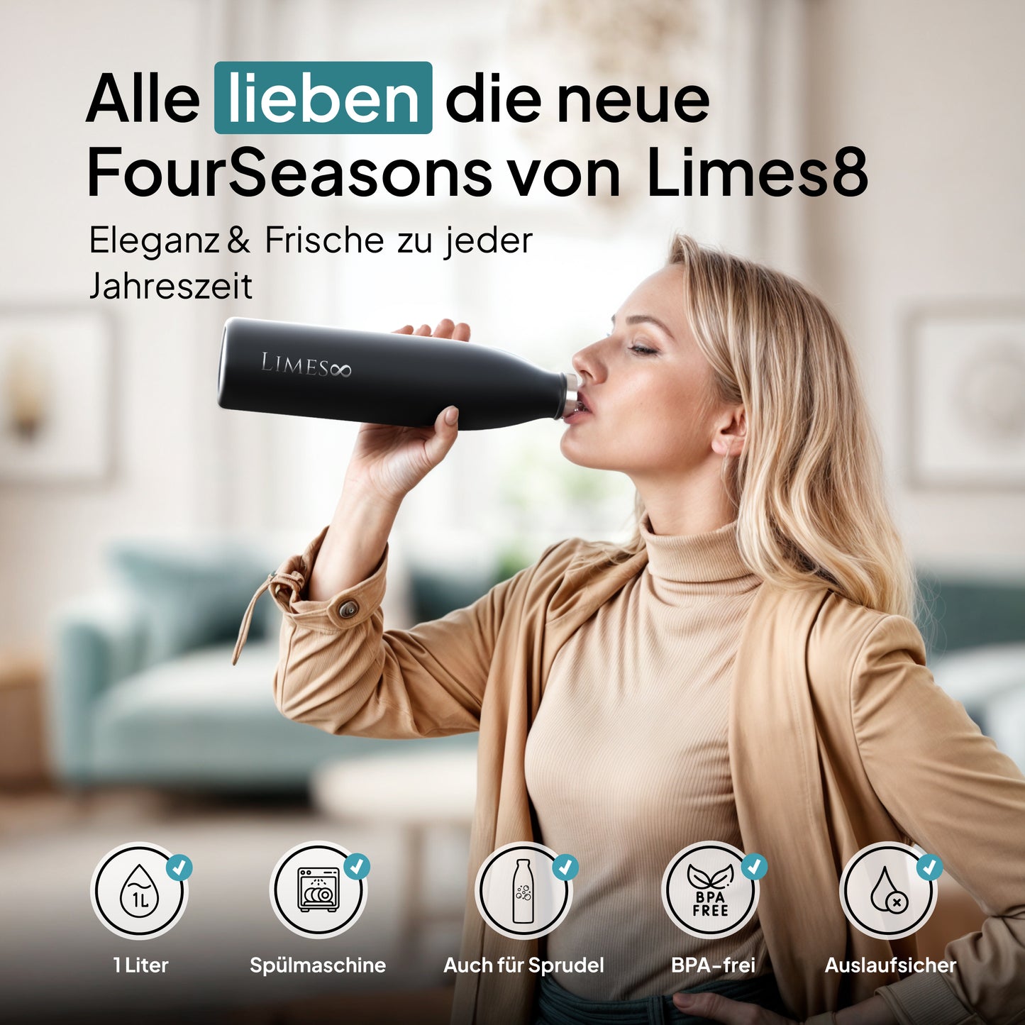 Limes 8® Thermosflasche 1L "FourSeasons" [HEIß & KALT] Trinkflasche Edelstahl 1L - Auslaufsichere Trinkflasche 1L Kohlensäure geeignet - Isolierkanne - Thermo Trinkflasche für alle 4 Jahreszeiten Black