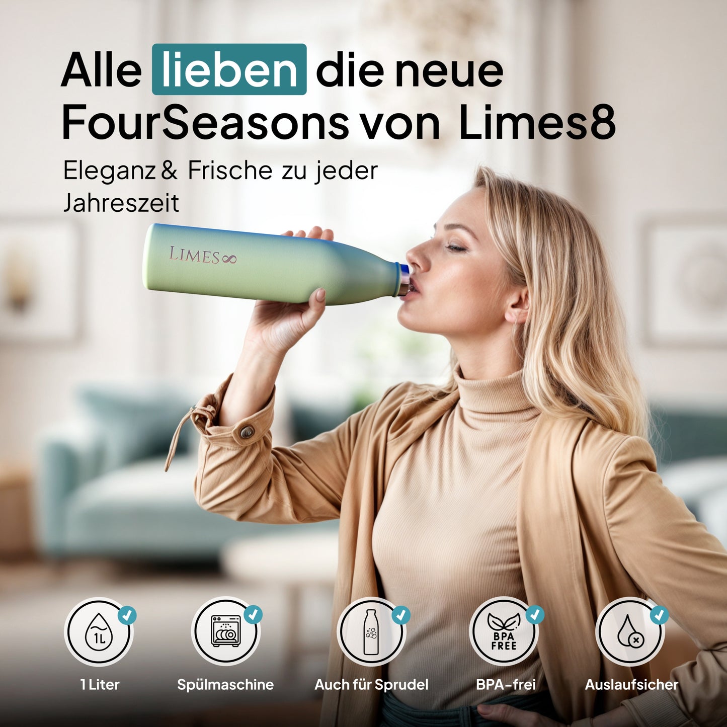 Limes 8® Thermosflasche 1L "FourSeasons" [HEIß & KALT] Trinkflasche Edelstahl 1L - Auslaufsichere Trinkflasche 1L Kohlensäure geeignet - Isolierkanne - Thermo Trinkflasche für alle 4 Jahreszeiten Sage
