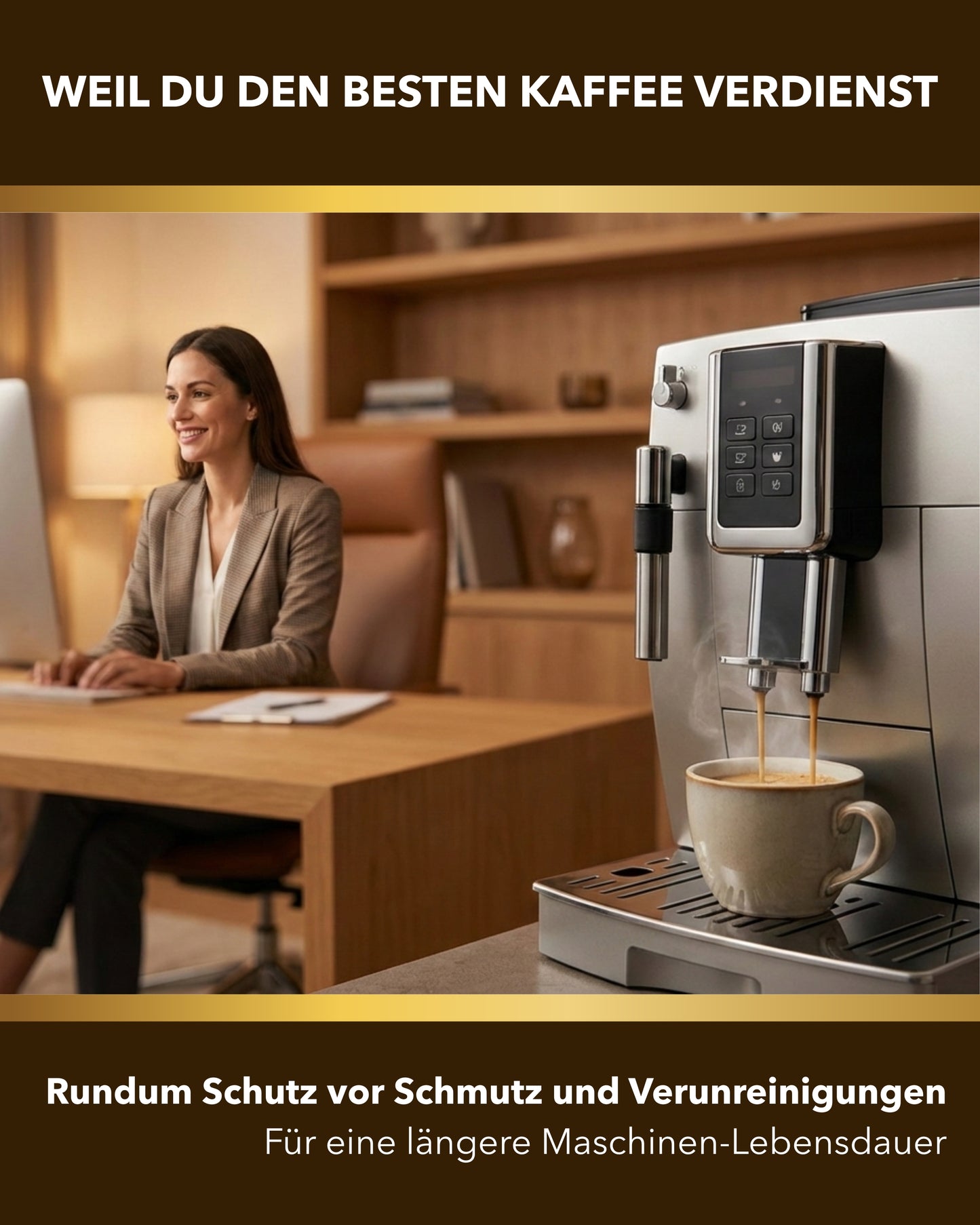 Frau im eleganten Büro, Kaffeeautomat bereitet Kaffee im Vordergrund