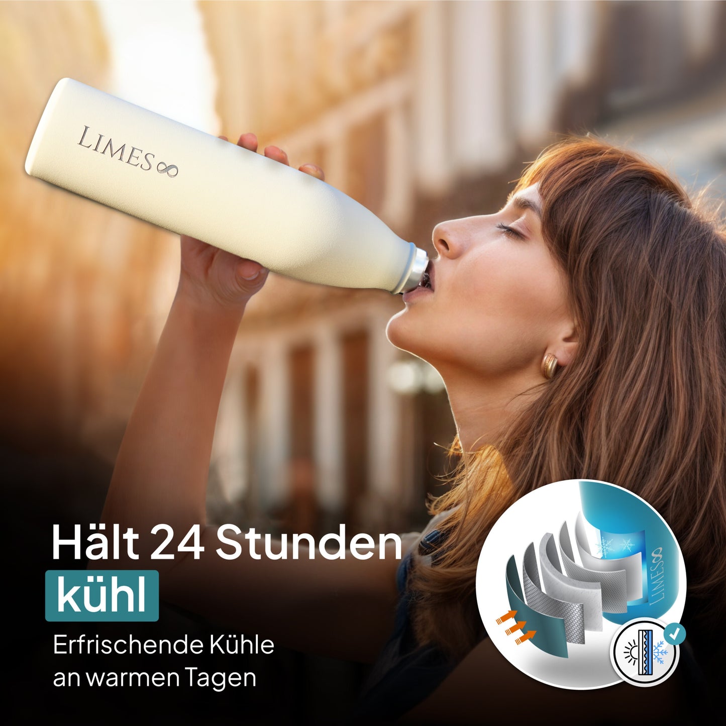 Limes 8® Thermosflasche 1L "FourSeasons" [HEIß & KALT] Trinkflasche Edelstahl 1L - Auslaufsichere Trinkflasche 1L Kohlensäure geeignet - Isolierkanne - Thermo Trinkflasche für alle 4 Jahreszeiten Cream