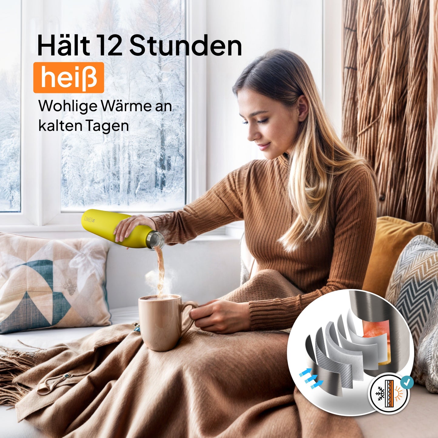 Limes 8® Thermosflasche 1L "FourSeasons" [HEIß & KALT] Trinkflasche Edelstahl 1L - Auslaufsichere Trinkflasche 1L Kohlensäure geeignet - Isolierkanne - Thermo Trinkflasche für alle 4 Jahreszeiten Summer Yellow