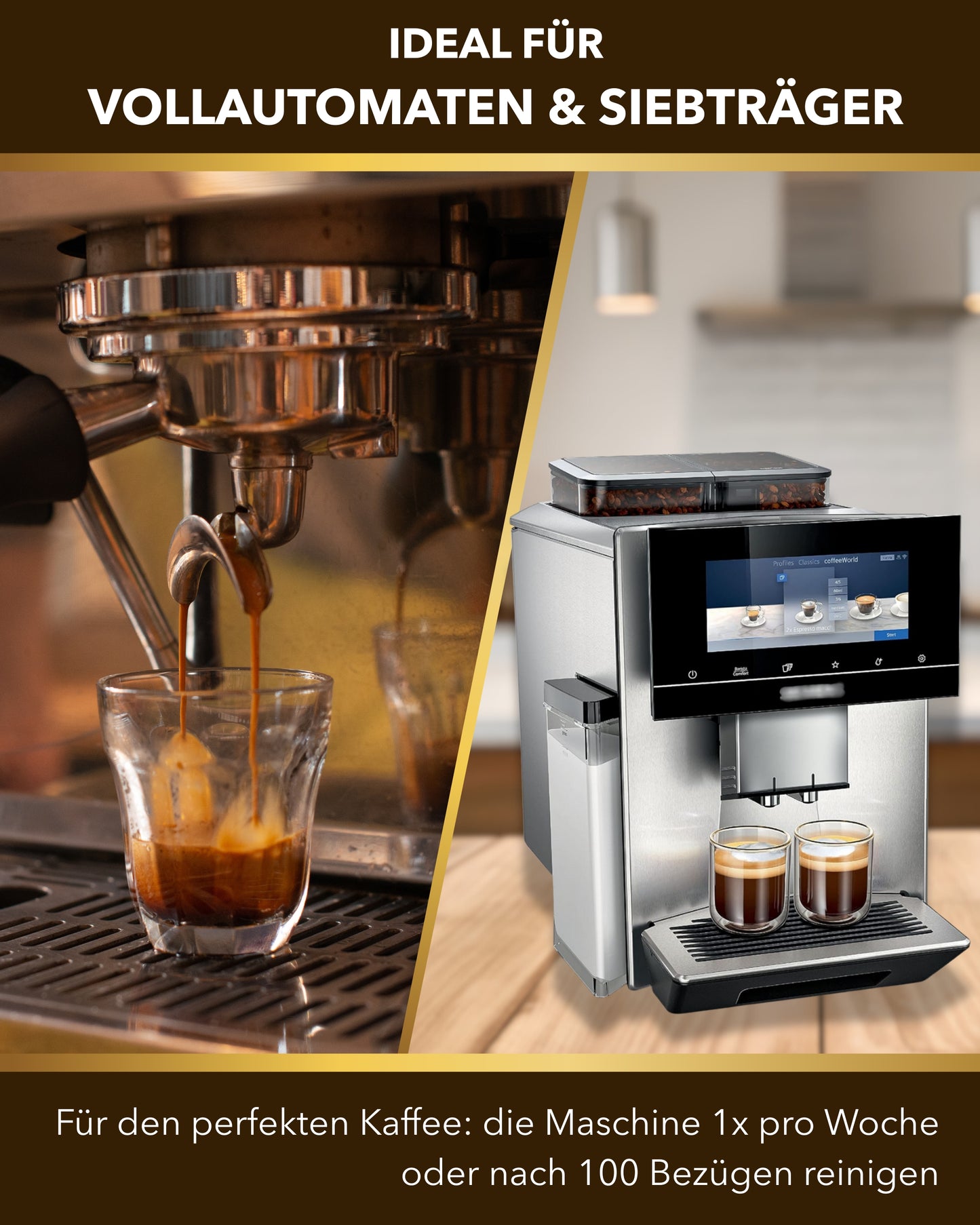 Siebträger bereitet Espresso im Glas, rechtes Bild Kaffeevollautomat im Edelstahldesign