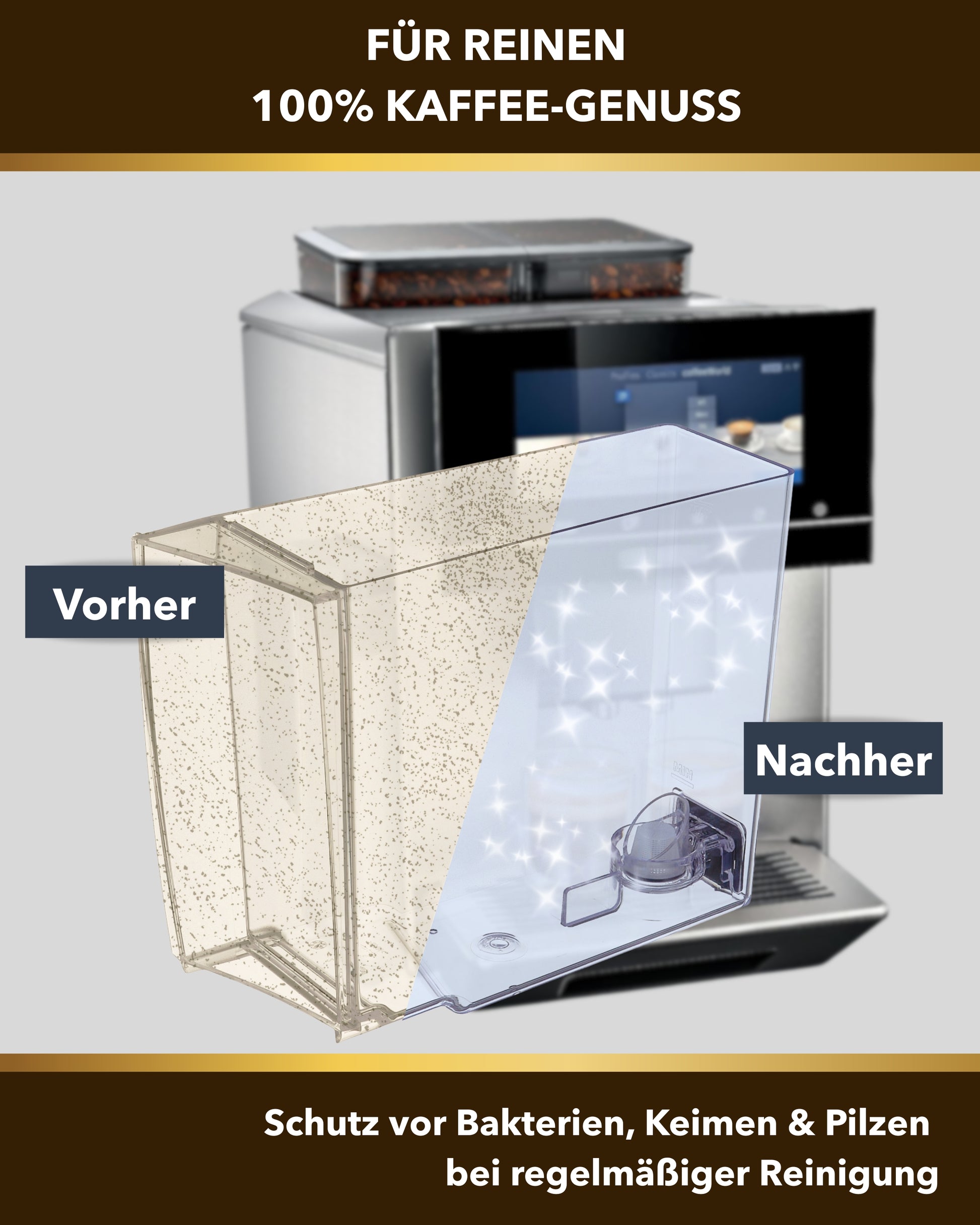 Kaffeevollautomat im Hintergrund, vorne ein Wassertank - rechts verdreckt, links strahlend sauber