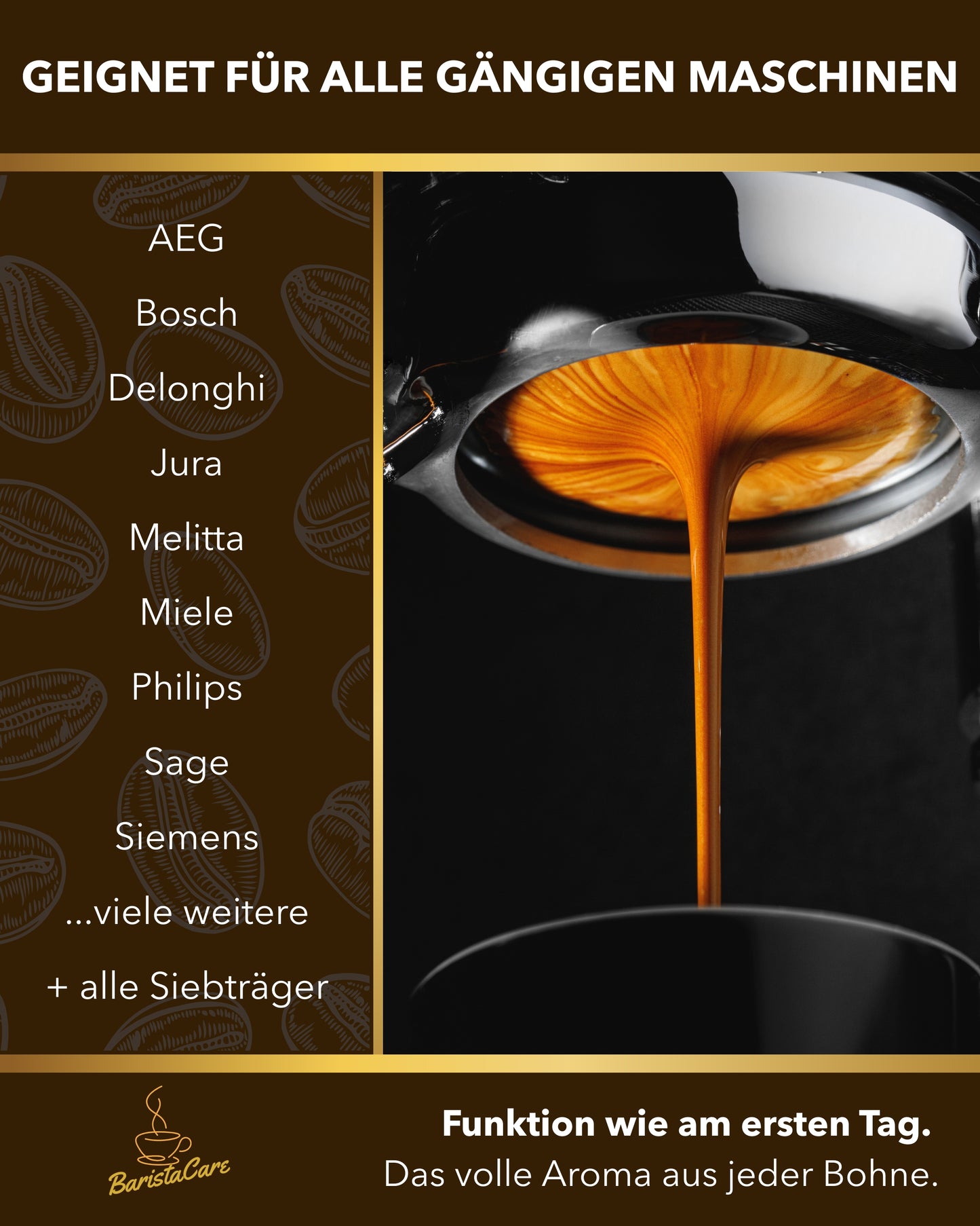 Espresso Auslauf im Detail, cremiger, goldbrauner Espresso läuft nach unten