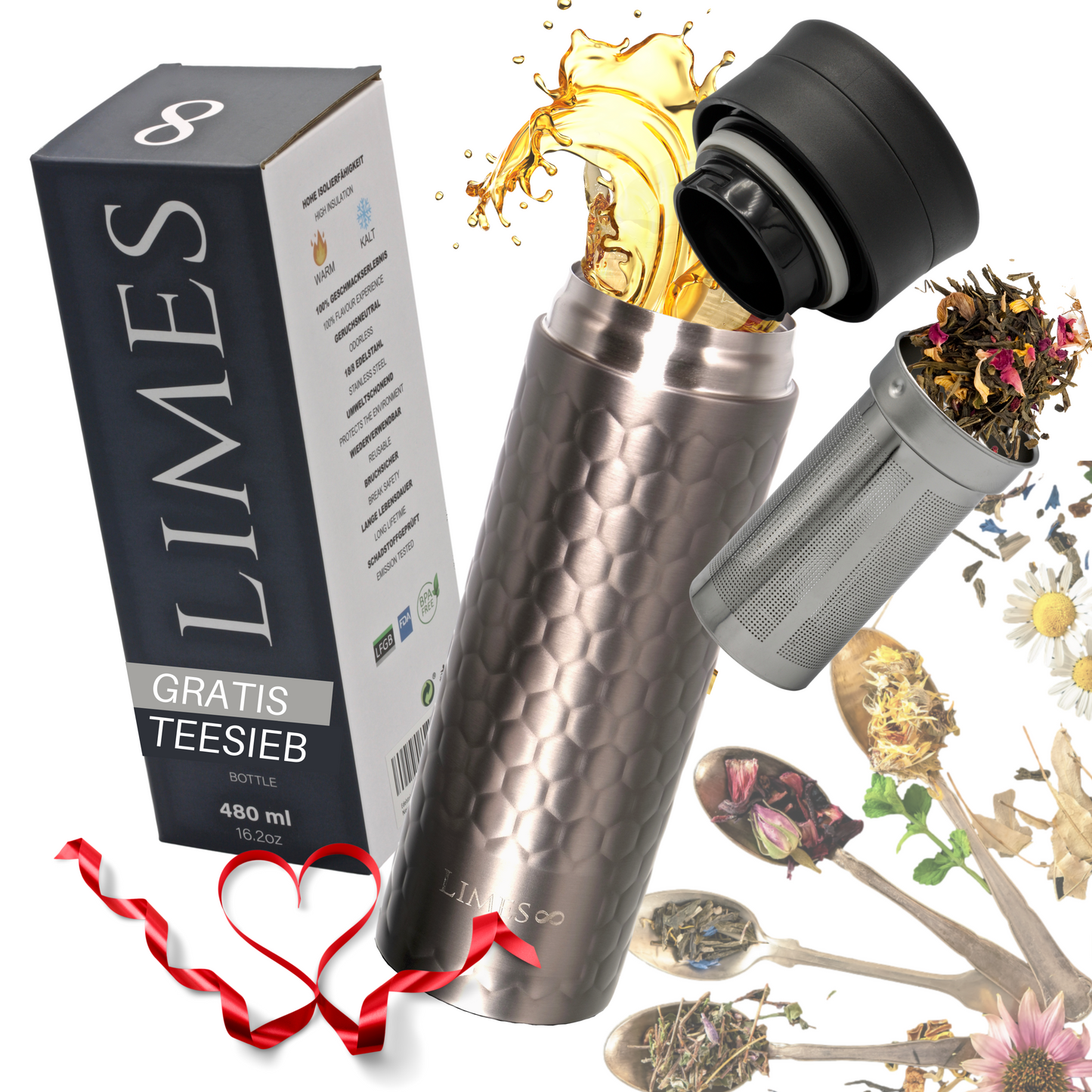 Limes 8® Teeflasche mit Sieb to go - 480ml - Edelstahl Teebecher – Thermosflasche, Isolierte Wasserflasche, auslaufsichere Isolierflasche doppelwandig (Cool-Gray)