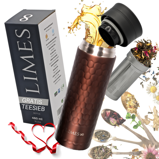 Limes 8® Teeflasche mit Sieb to go - 480ml - Edelstahl Teebecher – Thermosflasche, Isolierte Wasserflasche, auslaufsichere Isolierflasche doppelwandig (Kupfer-Rot)