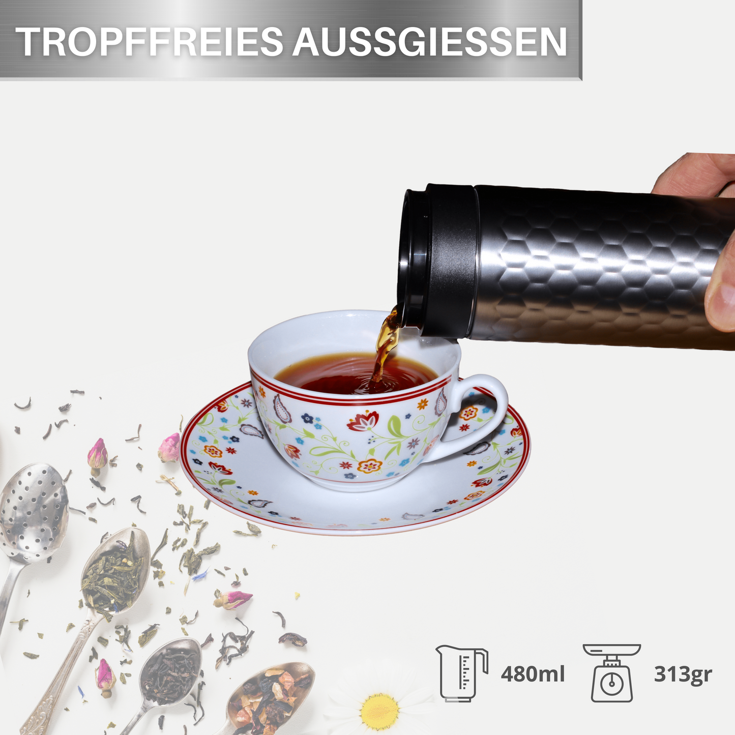Limes 8® Teeflasche mit Sieb to go - 480ml - Edelstahl Teebecher – Thermosflasche, Isolierte Wasserflasche, auslaufsichere Isolierflasche doppelwandig (Cool-Gray)
