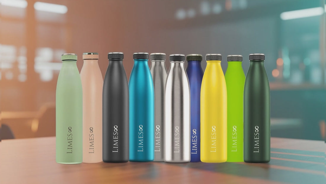 Thermosflaschen in mehreren Farben. Am Wasserfall, in der Freizeit, im Büro, beim Skifahren...