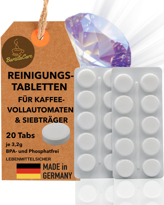 20 Reinigungstabletten für Kaffeevollautomaten im Blister, strahlender Diamant in Hintergrund
