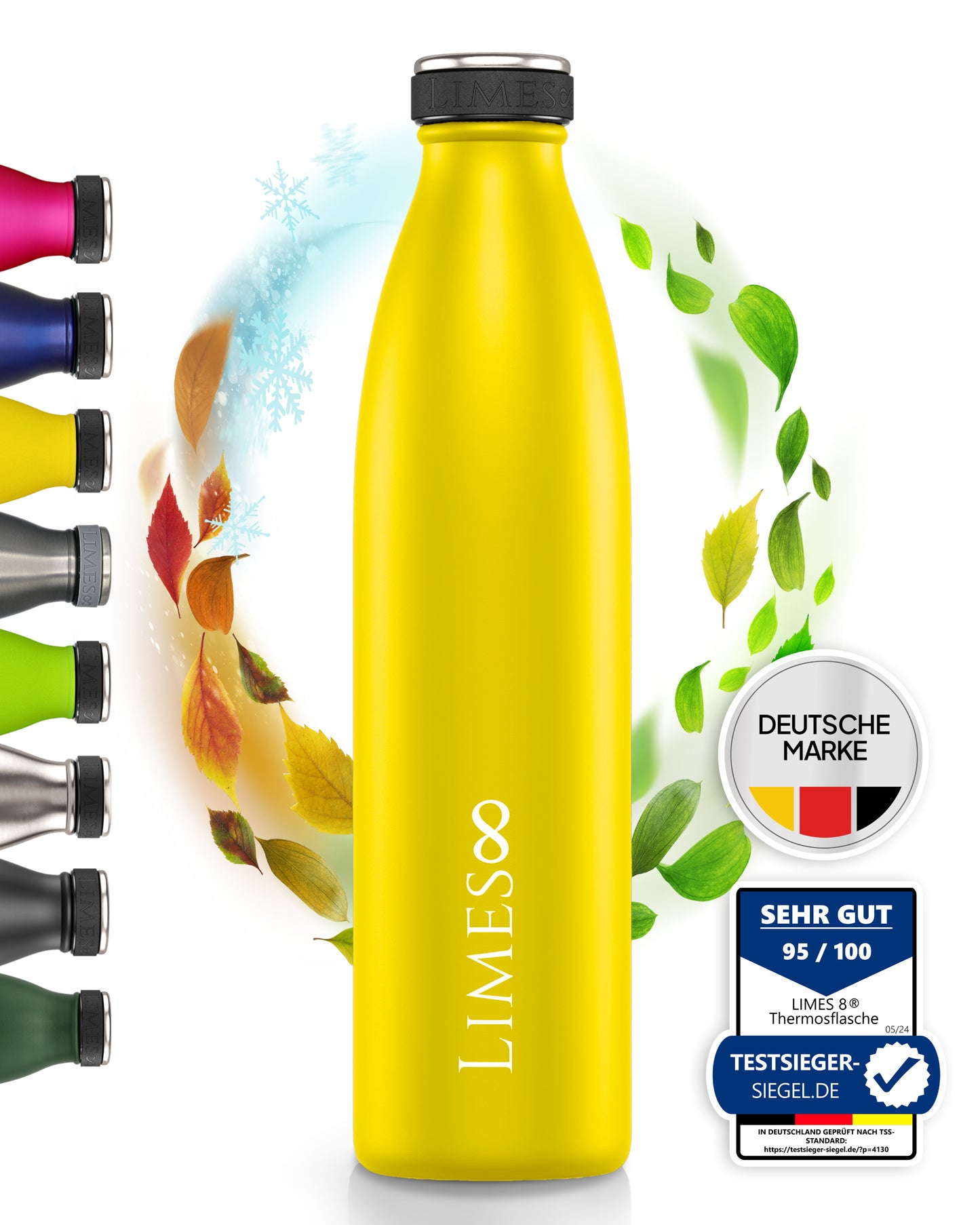 Limes 8® Thermosflasche 1L "FourSeasons" [HEIß & KALT] Trinkflasche Edelstahl 1L - Auslaufsichere Trinkflasche 1L Kohlensäure geeignet - Isolierkanne - Thermo Trinkflasche für alle 4 Jahreszeiten Summer Yellow
